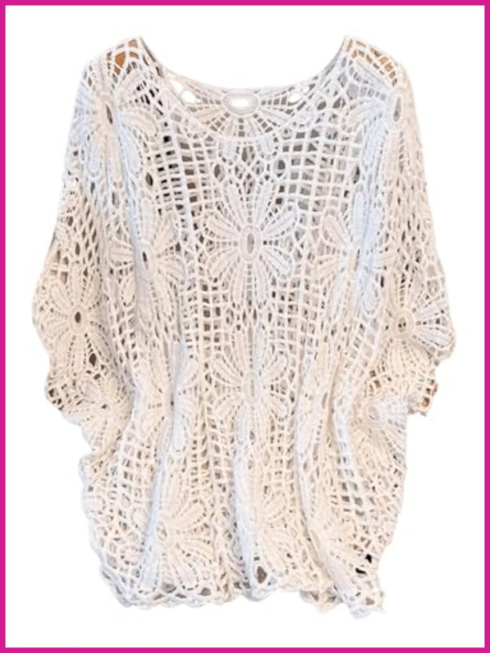 Plus Size Crochet Boho Beach Cover Up Top 3/4 Dolman Sleeve